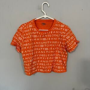 Tommy Hilfiger Tommy Jeans Cropped Tee Shirt Orange w/ White Women's Size Small